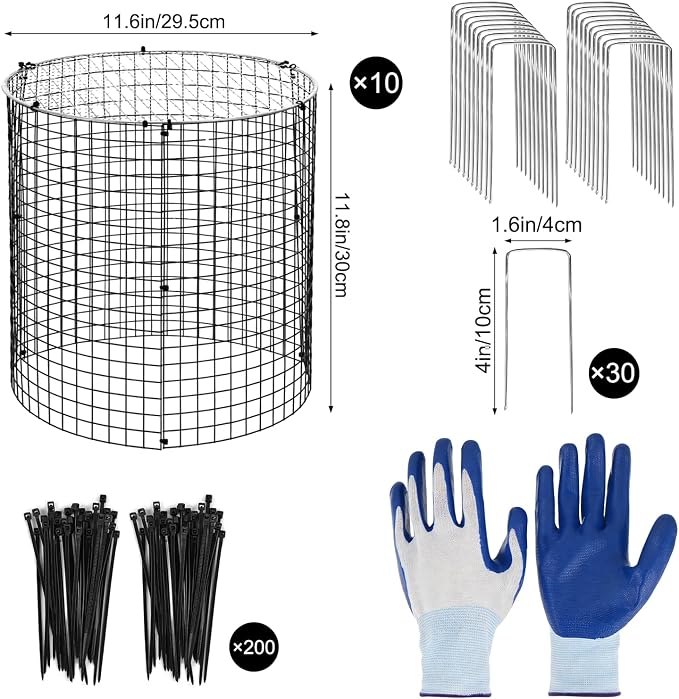 10 Sets 12"x 12" Garden Plant Protectors from Animals with Detachable Covers Metal Plant Cage Chicken Wire Cloche with Ground Stakes & Nylon Tie Wire Plant Cage to Keeping Bunny Animals Out Chicken