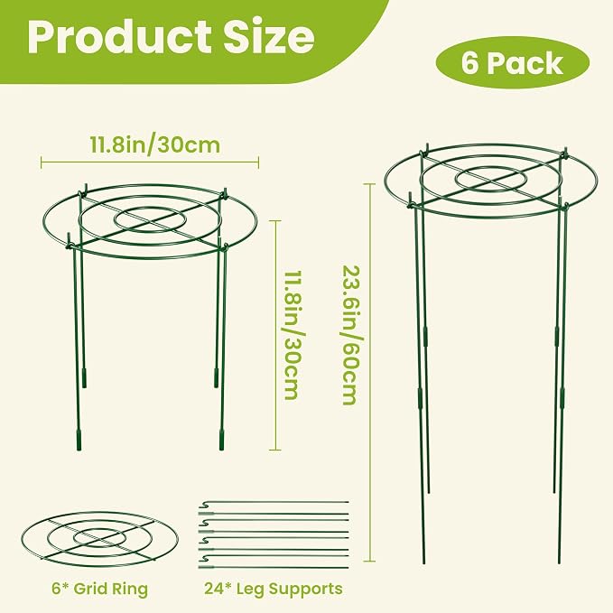 6 Pack Peony Cages and Supports, 12" x 24" Tall Peonies Support Cage | Heavy Duty Metal Peony Stakes and Supports for Rose Hydrangea Flower Plant