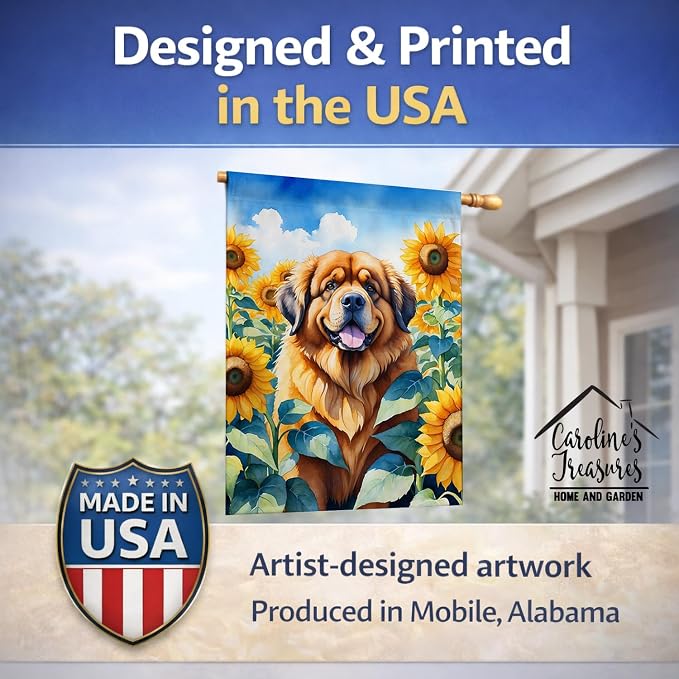 Caroline's Treasures DAC6166CHF Tibetan Mastiff in Sunflowers House Flag Large Porch Sleeve Pole Decorative Outside Yard Banner Artwork Wall Hanging, Polyester, House Size, Multicolor