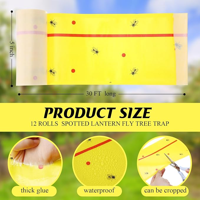 12 Rolls Spotted Lantern Fly Tree Trap 30 Feet Each Roll Lanternfly Tree Outdoor Fruit Fly Sticky Strips Paper Insect Sticky Barrier Trunk Wraps to Protect Plant, Lawn, Garden(Yellow and Red)