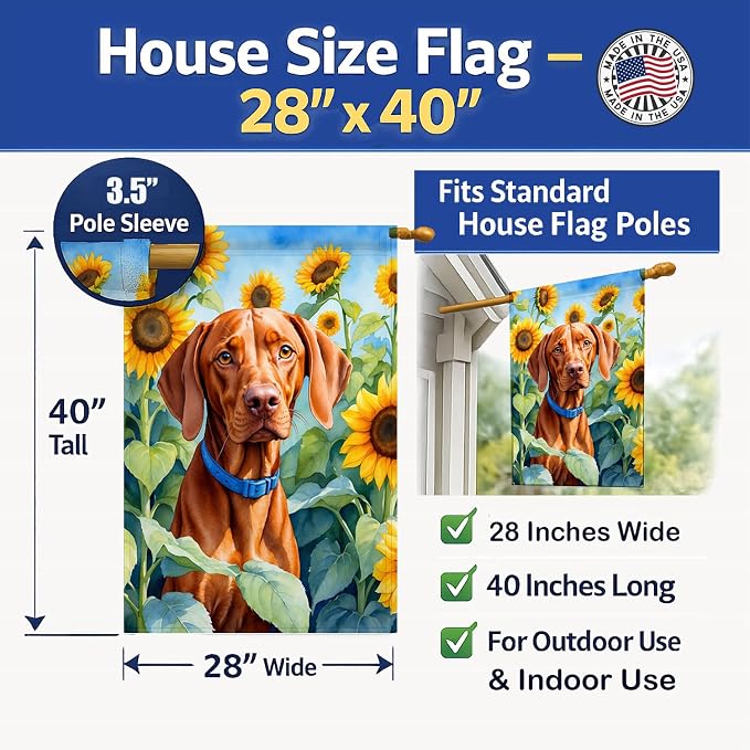Caroline's Treasures DAC6169CHF Vizsla in Sunflowers House Flag Large Porch Sleeve Pole Decorative Outside Yard Banner Artwork Wall Hanging, Polyester, House Size, Multicolor