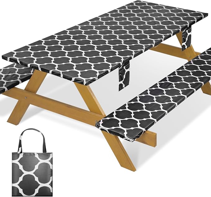 Fitted Picnic Table Cover with Chair Covers Elastic Water Resistant Camping Tablecloth for 8 Foot Rectangle Tables Garden Patio Outdoor Organization Road Trip Hiking Motorhome Essential Gift