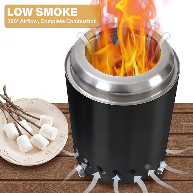 HGD Small Tabletop Fire Pit, Smokeless Table Top Firepit Outdoor, Portable Mini Stove with Carry Bag for Camping Backyard Patio Garden Picnic, Fueled by Pellets or Wood, Stainless Steel, Black