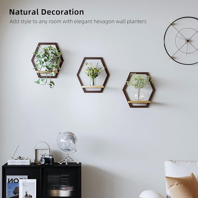 3 Pack Solid Wood & Metal Framework Wall Plant Stands,9 inch Natural Wood Shelf of Indoor,Mid Century Modern Hanging Planter for Outdoor Entryway 25 LB Load for Plants Coffee