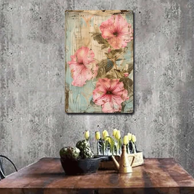 Metal Sign Tin Sign Vintage Wall Art Ruffled Petunias Tin Sign for Vintage Wall Art Rustic Petunia Lovers and Shabby Chic Interiors Bar Signs for Home Bar for Bar 12×16 Inches