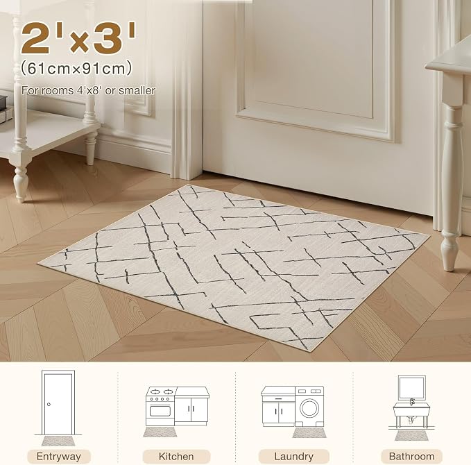 kakania Washable 2x3 Area Rug for Entryway: Boho Geometry Home Decor Rug | Soft Stain Resistant, Low-Pile, Non-Slip, Pet & Kid Friendly, Thin Carpet for Hallway/Kitchen/Bathroom - Beige
