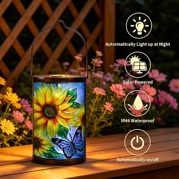 Hanging Solar Lantern Outdoor Waterproof LED Solar Lights Sunflower Decorative Solar Lanterns Tabletop Lamp for Outdoor Patio Garden Yard Decor