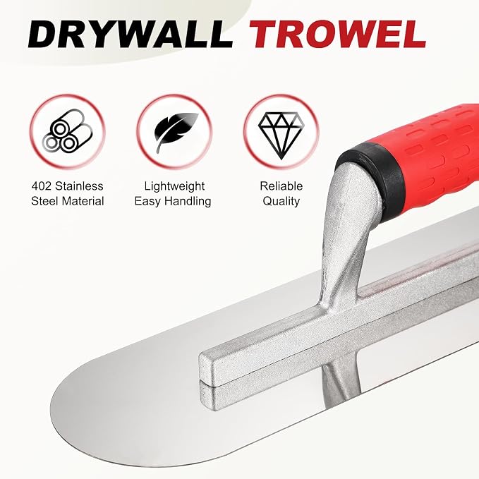 HARFINGTON Double Round Drywall Trowel 14" x 4", 402 Stainless Steel Concrete Finishing Trowel Art Paint Plastering Hand Tools with TPE Grip, for Concrete Cement, Silver