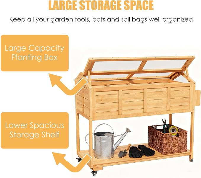Raised Garden Beds on Wheels with Legs and Cover Elevated Garden Bed Herb Planter Box Cart Outdoor with Bed Liner,Storage Shelf,Seed Starter Tray for Backyard Patio Outside (Country Rustic)