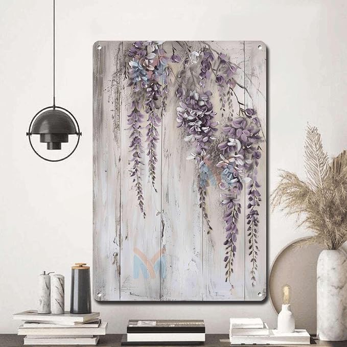 Metal Sign Tin Sign Vintage Wall Art Vintage Wisteria Tin Sign for Cascading Blooms Display Shabby Chic Style and Corrosion Resistant Garage Sign for Restaurant 12×16 Inches