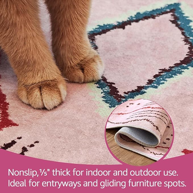 jinchan 2x3 Hot Nerd Rug Modern Boho Geometric Washable Entryway Rug, Pink | Abstract Pattern, Moroccan Inspired, Artistic Lines, Washable, Soft Texture, Non-Slip, Low Pile, Bedroom, Study Room