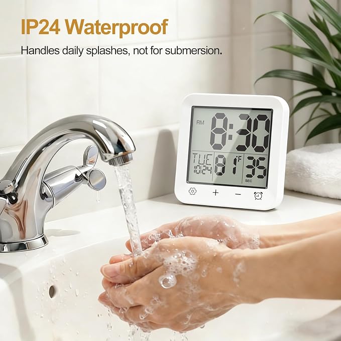 Shower Clock Waterproof, Bathroom Digital Clock with Timer, LCD Display, Touch Screen, Suction Cup, Temp, Seconds, Hanging, Hole Stand, Digital Wall Clocks Battery Operated for Kids and Adults