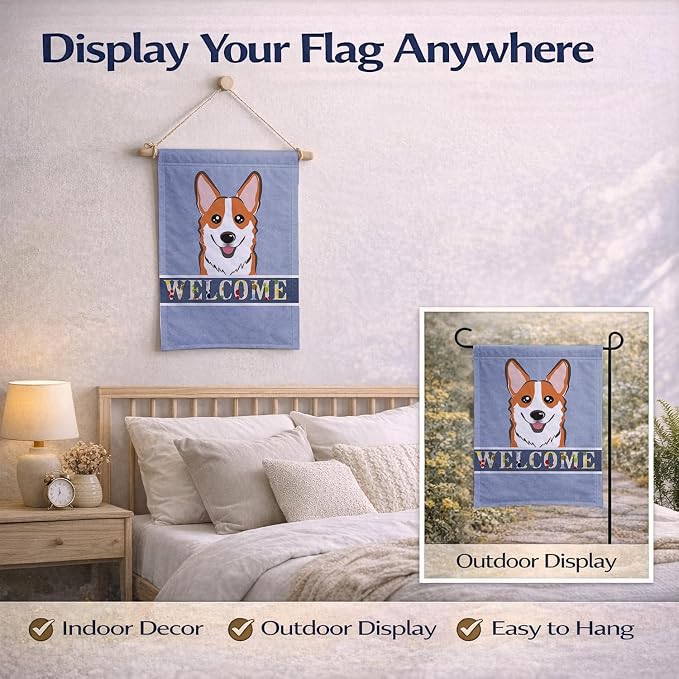 Caroline's Treasures BB1440GF Red Corgi Welcome Garden Flag, Blue Mailbox Flag Decorative Yard Flag Banner Outside Patio Artwork Yard Flower Beds, Garden Size, Multicolor