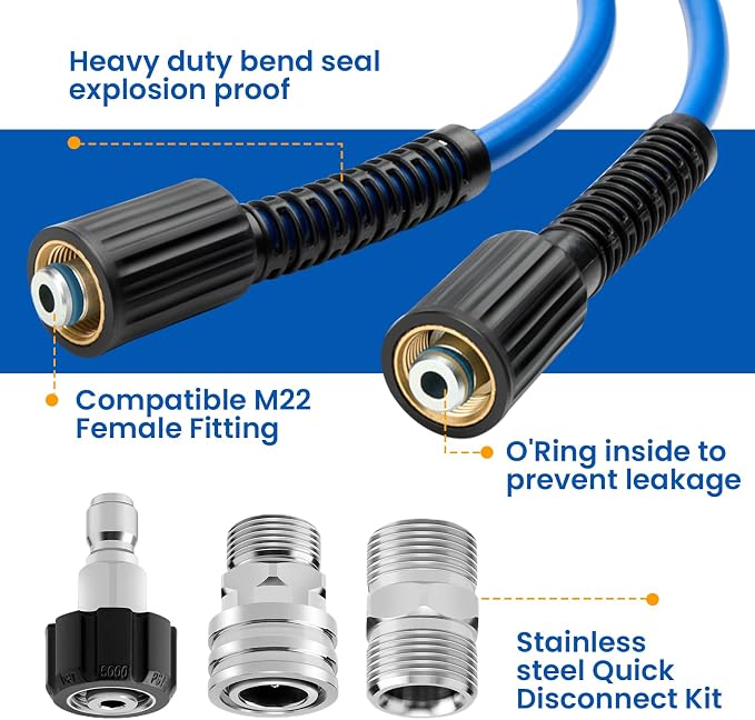 Twinkle Star Super Flexible Pressure Washer Hose 100ft, 5800 PSI Kink Resistant Power Washer Hose 1/4 in., Replacement Power Wash Hose with Stainless Steel M22 and 3/8" Quick Connection Kit