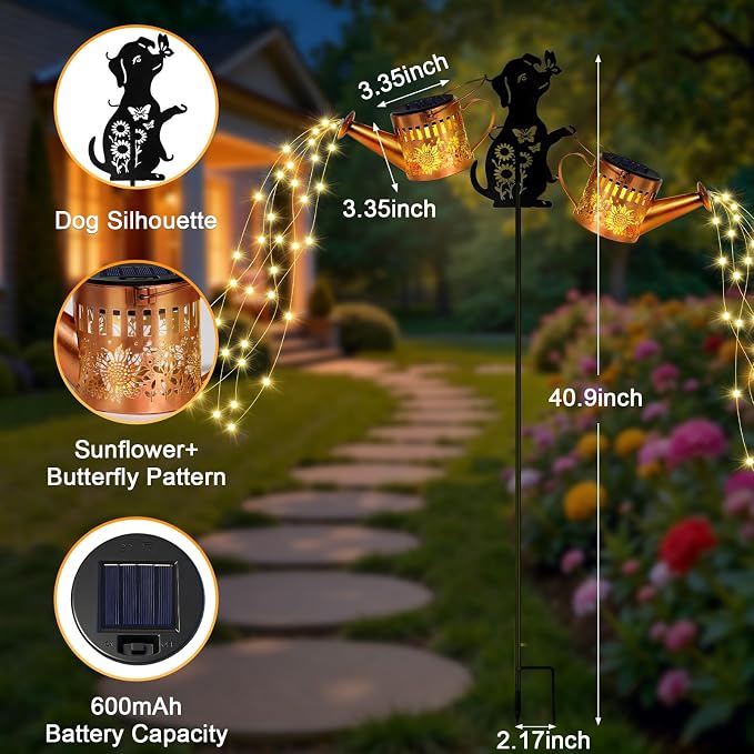2 Pack Solar Watering Can Lights, Metal Solar Lights Outdoor Decorative with Dog Silhouette Stake, Waterproof Hanging Lantern Garden Decor Light for Outside, Patio, Yard, Birthday Gifts for Women