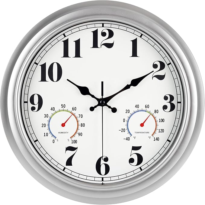 JENLYSTIME 13 Inch Outdoor Clock, Waterproof and Silent, with Thermometer and Hygrometer, Large Numbers for Easy Reading, Perfect for Home,Office,Bedroom,Kitchen,Porch,Garden,Pool(Silver)