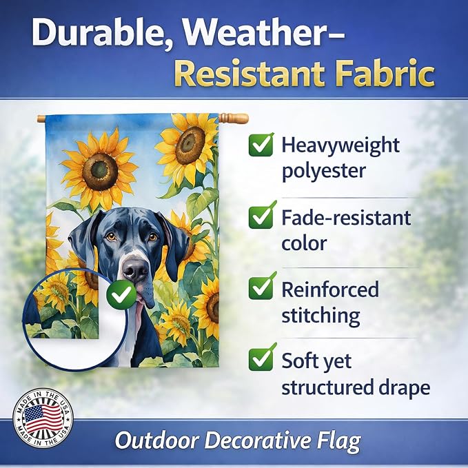 Caroline's Treasures DAC6091CHF Great Dane in Sunflowers House Flag Large Porch Sleeve Pole Decorative Outside Yard Banner Artwork Wall Hanging, Polyester, House Size, Multicolor
