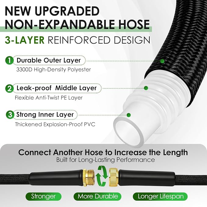 100FT Garden Hose Non-Expanding Flexible Water Hose With Sprayer Nozzle Lightweight Portable High Pressure Kink Resistant & Leakproof Durable Black Pipe For Garden Yard Lawn