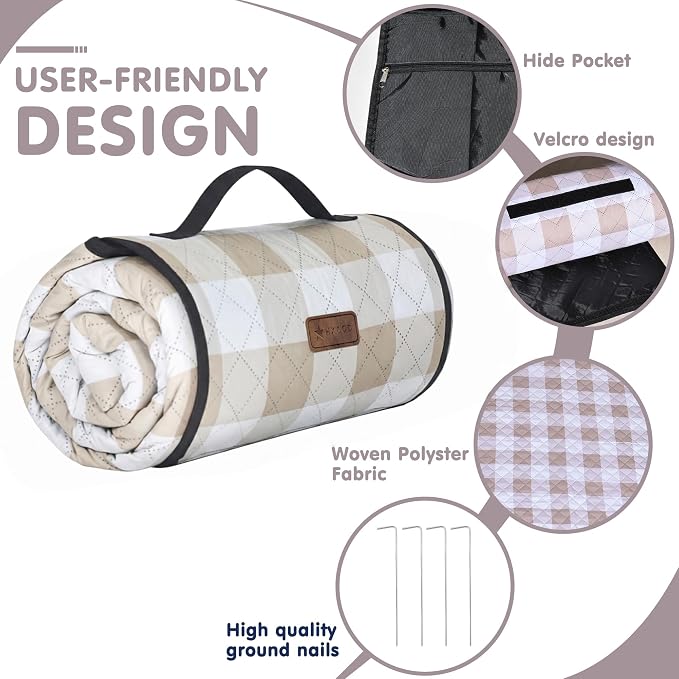 HX&OD Outdoor Picnic Blanket, Extra Large, 80''x60'' Waterproof Foldable Blankets Gingham Picnic Mat for Beach, Camping Grass Lawn Park Accessories Cute Couple Ideas Wedding (Light Brown, 80”x60”)