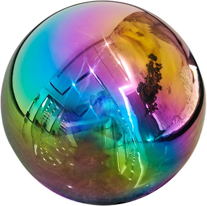10 inch Stainless Steel Gazing Ball Rainbow Gazing Globe Mirror Reflective Garden Sphere Floating Pond Balls Gazing Ball Colorful and Shiny Home Outdoor Ornament