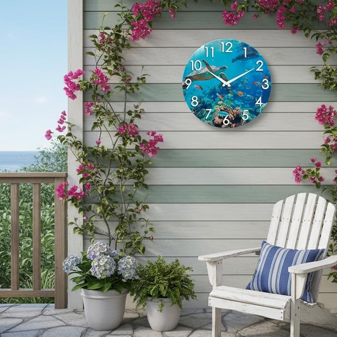 Crosstime 12 Inch Outdoor Clock – Waterproof Tempered Glass with Sea Turtle & Marine Life Theme, UV Resistant, Silent Nautical Coastal Decor Wall Clock for Patio, Pool, Garden, Backyard, Bathroom