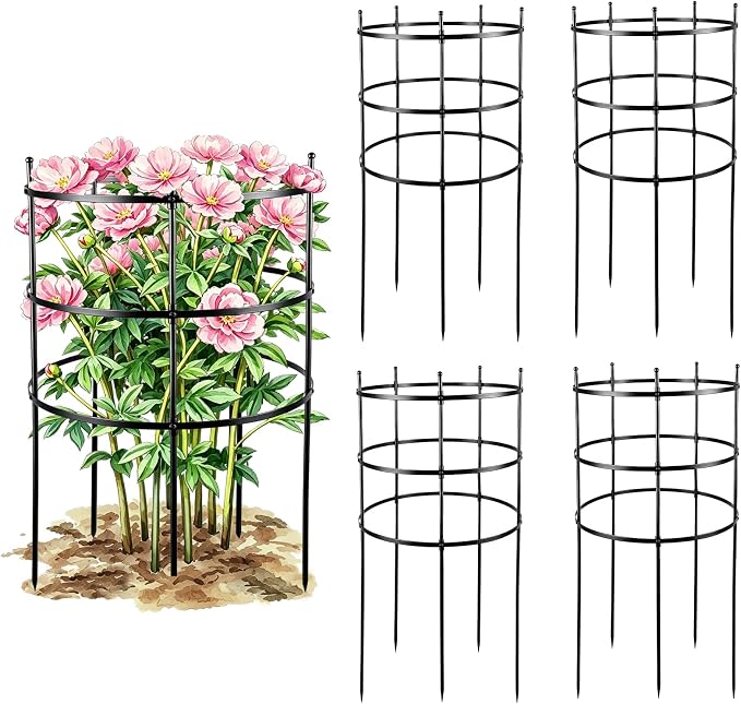 4 Set Titan Peony Plant Support Stakes Black Metal Peonies Cages 17.7" D x 35.4" H Tomato Cages Rings Sturdy Garden Plants Support Trellis for Climbing Plants