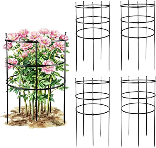 4 Set Titan Peony Plant Support Stakes Black Metal Peonies Cages 17.7" D x 35.4" H Tomato Cages Rings Sturdy Garden Plants Support Trellis for Climbing Plants
