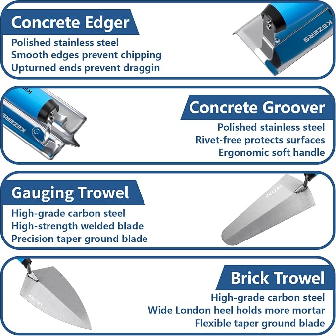 KEZERS 8-in-1 Concrete Finishing Tools Kit: Magnesium Float, Finishing & Pool Trowel, Gauging & Brick Trowel, Concrete Groover & Edger for Masonry, Stucco Repair & Bricklaying