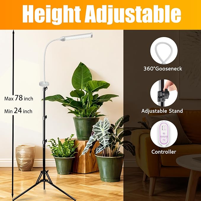 105 LED Grow Lights for Indoor Plants Full Spectrum, LED Plant Light with Stand, Adjustable Height, Plant Grow Lights with Auto 4/8/12/H Timer for Indoor Tall Plants(105 LEDs)