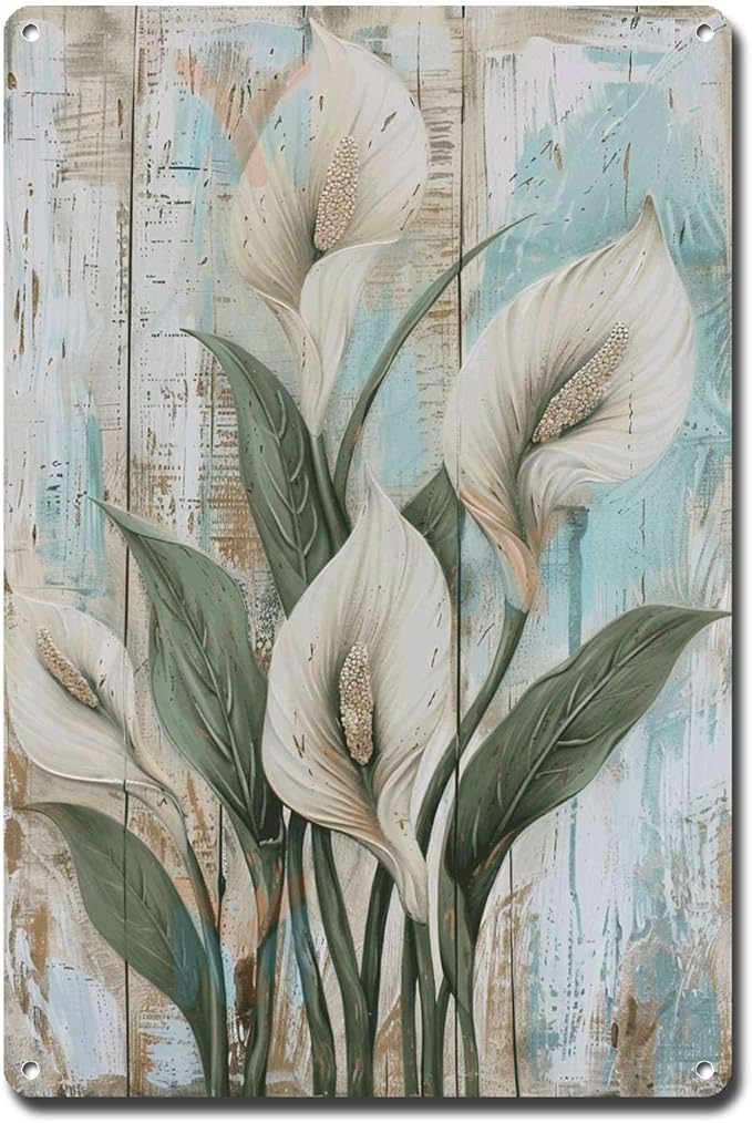 Metal Sign Tin Sign Vintage Wall Art Shabby Chic Peace Lilies Tin Sign for Rustic Garden Art White Flower Lovers and Weather Resistant Home Decor for Restaurant 6×8 Inches