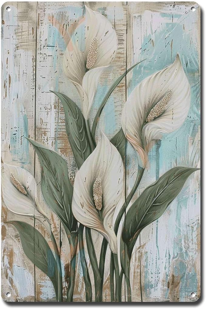 Metal Sign Tin Sign Vintage Wall Art Shabby Chic Peace Lilies Tin Sign for Rustic Garden Art White Flower Lovers and Weather Resistant Tin Signs Gardening for Pub 8×12 Inches