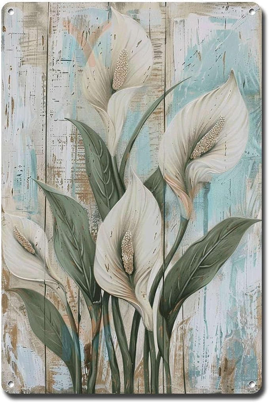 Metal Sign Tin Sign Vintage Wall Art Shabby Chic Peace Lilies Tin Sign for Rustic Garden Art White Flower Lovers and Weather Resistant Tin Signs Gardening for Pub 8×12 Inches