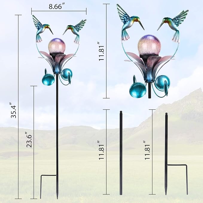 Decorative Solar Outdoor Light, Hummingbird Glass Globe Stake For Lawn Yard | Solar Hummingbird Lights With Wind Spinner Design, Crackle Glass Globe, Auto On/Off For Garden, Lawn, Yard
