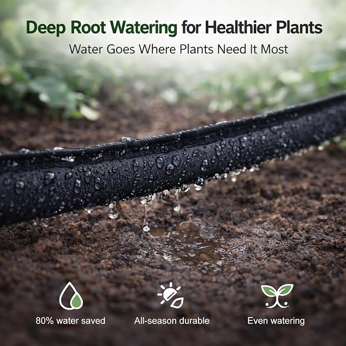 Flat Soaker Hose 25 ft 2-Pack with Splitter, 80% Water-Saving Drip Irrigation Hose 50 ft, Linkable DIY Garden Soaker Hose System for Garden Beds, Lawn, Vegetables & Trees (25ft 2-pack)