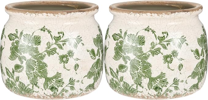 2 Pcs Vintage Planter Ceramic Plants Pot with Drainage Ice Crack Scroll Flower Vase Pot for Indoor Outdoor Plants Home Kitchen Decor Gifts (Vintage Floral,5.9")