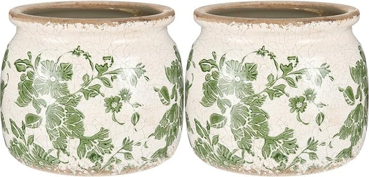 2 Pcs Vintage Planter Ceramic Plants Pot with Drainage Ice Crack Scroll Flower Vase Pot for Indoor Outdoor Plants Home Kitchen Decor Gifts (Vintage Floral,5.9")
