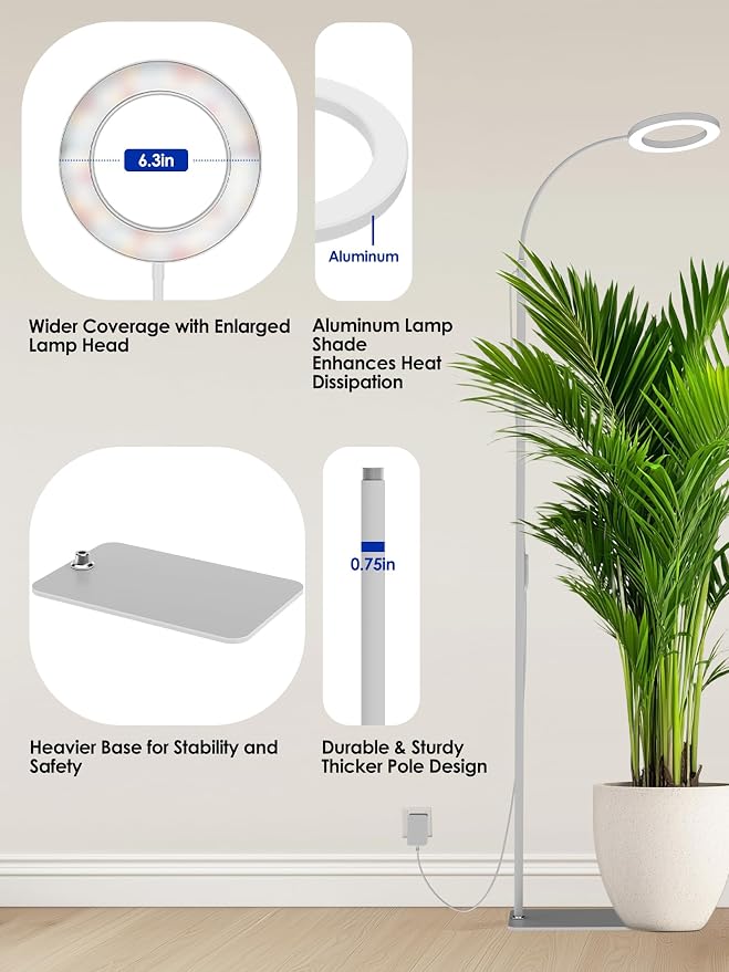 GLOWRIUM Grow Lights for Indoor Plants, Full Spectrum LED Grow Light Floor Lamp with Stand Adjustable Height and Angle, Black Plant Light with 3/9/12H Grow Light Timer (White, Dual Heads)