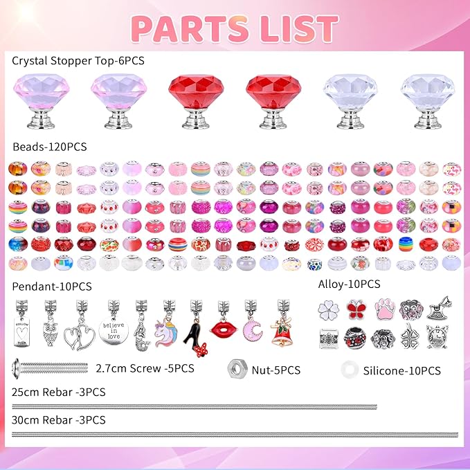 AIPRIDY DIY Crystal Beaded Fairy Wand Garden Stakes Kit, Colorful Decorative Wands with Assembly Guide, 12 or 10 Inch Threaded Rods,Outdoor Garden Decoration Set (174, Pink+Rose+Red+White+Diamond Top)