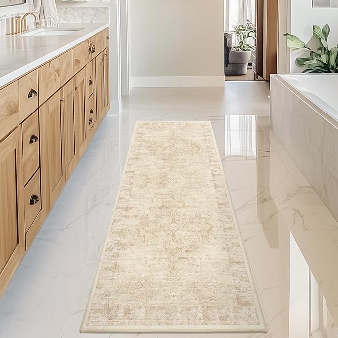 Farmhouse Beige 2x6 Runner Rugs for Hallway Entryway, Kitchen Runners Washable Non Slip Low Pile, Vintage Distressed Medallion Printed Rugs for Mudroom/Bedroom Bedside/Laundry Room/Bathroom