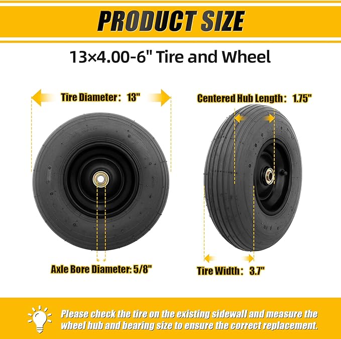 MZREXN 4.00-6" Tire and Wheel, 13" Pneumatic Wheelbarrow Tires, 2pcs | 5/8" extra 3/4" Bearings, 1.75"-5.75" Centered Hub, Replacement Tire for Dolly,Garden Carts Hand Truck,Wagon,Trolley