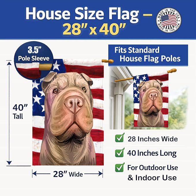 Caroline's Treasures CK6702CHF Shar Pei Dog American Flag House Flag Large Porch Sleeve Pole Decorative Outside Yard Banner Artwork Wall Hanging, Polyester, House Size, Multicolor