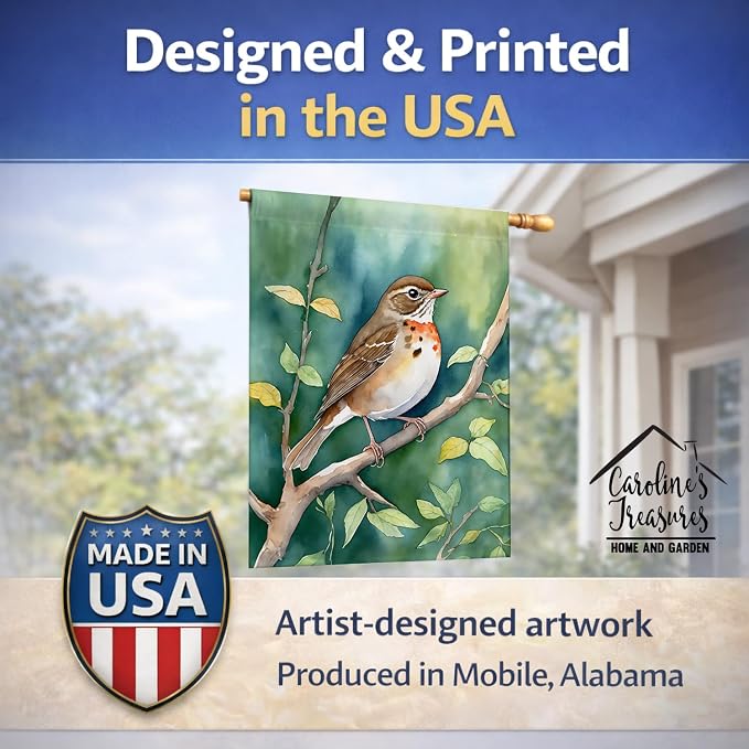Caroline's Treasures Vermont Hermit Thrush House Flag Large Porch Sleeve Pole Decorative Outside Yard Banner Artwork Wall Hanging, Polyester, House Size, Multicolor