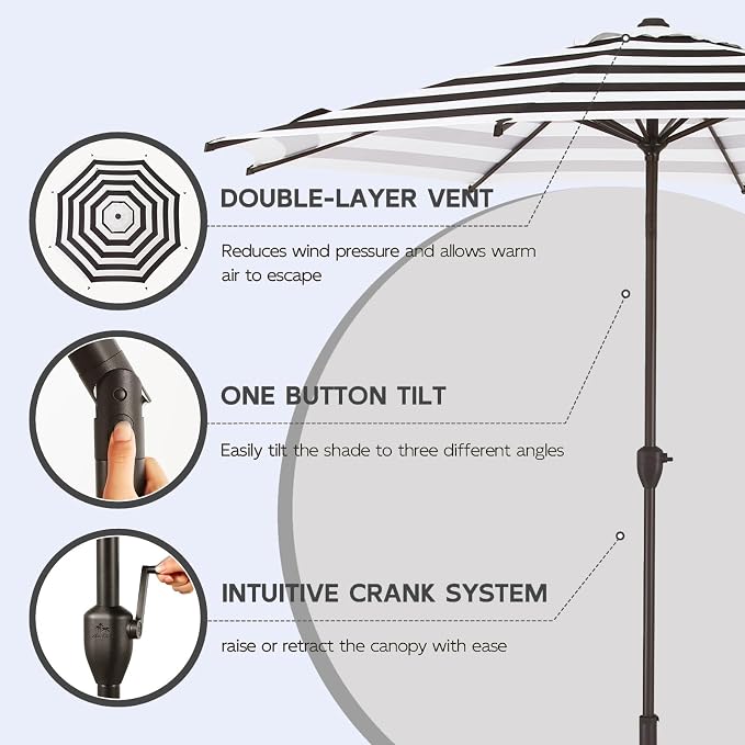 Abba Patio 9FT Lyon Outdoor Patio Umbrella Outdoor Table Umbrella with Crank Market Umbrella 8 Sturdy Ribs UV Protection Waterproof and Push Button Tilt for Garden Deck Backyard Pool,Black & White Stripe