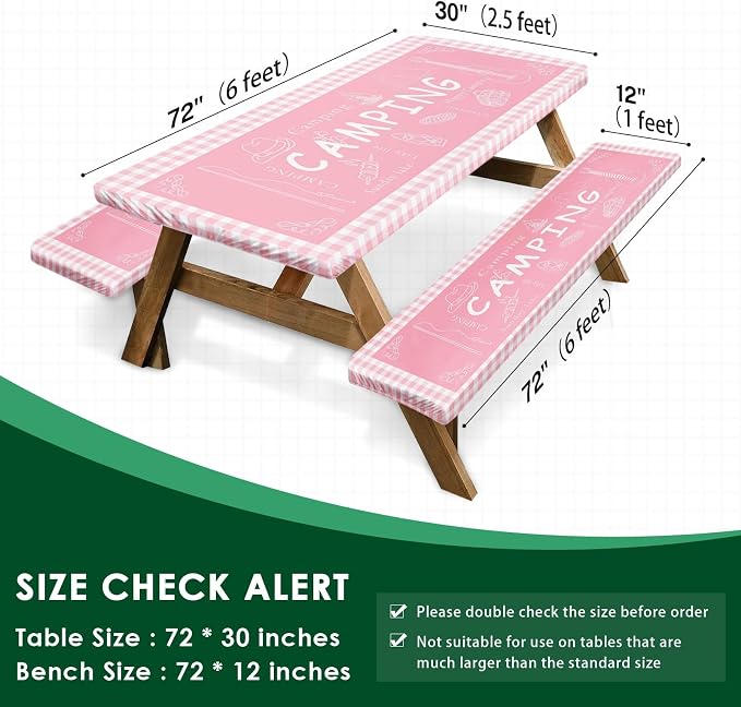 Picnic Table Cover with Bench Covers Elastic Edges, Pink Camper Fitted Table Cover, Outdoor Patio Camping Essentials 72 Inch 3PCS, Waterproof Camping Fitted Tablecloth with Drawstring Bag