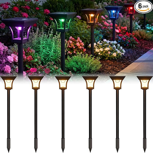 CINOTON 6 Pack RGBCW Solar Pathway Outdoor Lights, 3 Lighting Modes Solar LED Garden Light, IP65 Waterproof Outside Solar Powered Landscape Lighting for Patio Walkway Yard Driveway RGB/Warm/Cold White