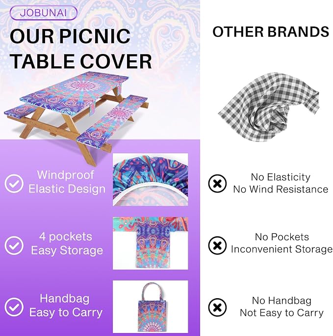 Jobunai 8Ft Fitted Elastic Picnic Table Cover with Bench Covers Vinyl Reusable Boho Large Waterproof Stain Resistant Camping Tablecloths Holiday Festival Decor for Camp Outdoors Parties Trips Garden