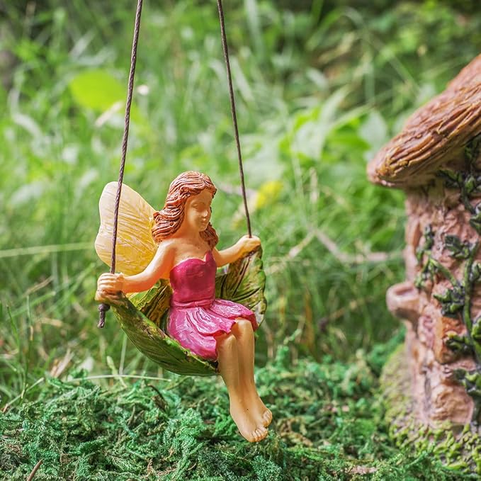 Treasure Gurus Miniature Leaf Tree Swing Fairy Girl Figurine Garden Accessory Dollhouse Decor