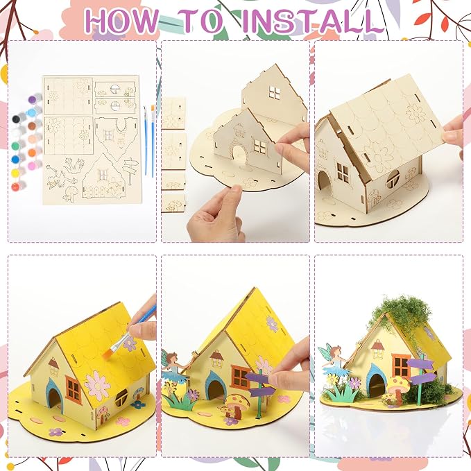 DoubleFill 3 Sets Wooden Fairy House DIY Kit Craft - DIY Fairy Garden with Paints & Decorations - Arts Crafts & Birthday Gift for Craft Activity Party Decor (Lovely Short)
