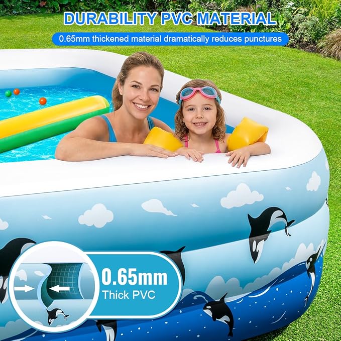 Large Inflatable Swimming Pool 145" x 74" x 22" Family Size Blow Up Pool for Adults & Kids, Oversized Backyard Kiddie Pool for Outdoor, Garden, Summer Water Party
