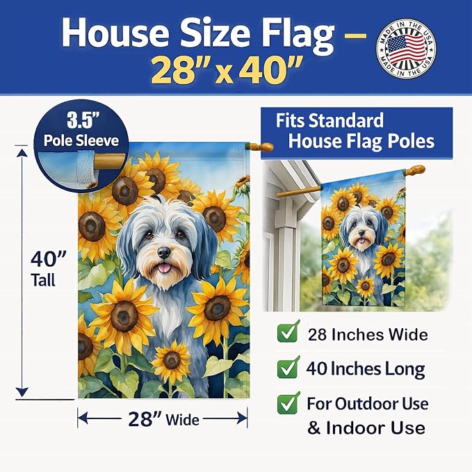 Caroline's Treasures DAC6168CHF Tibetan Terrier in Sunflowers House Flag Large Porch Sleeve Pole Decorative Outside Yard Banner Artwork Wall Hanging, Polyester, House Size, Multicolor